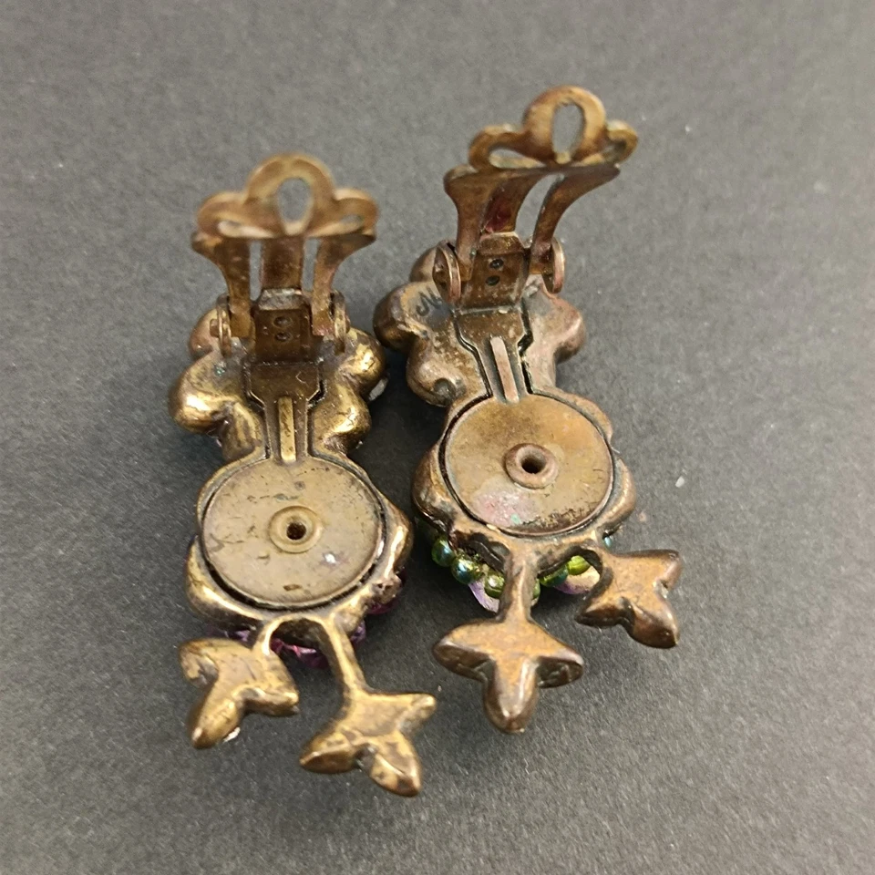 Pendientes Clip Floral Michal Negrin Cristal Verde Púrpura AB Vintage Renacimiento De Colección Foto 4 de 4