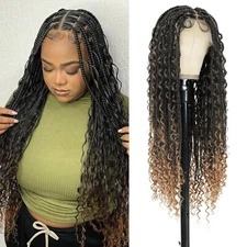 36" Knotless Full Lace Boho Braided Wigs for Black Women Bohemian Box Braids Wig
