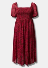 Torrid Midi Babydoll Dress Plus 1X Smocked Square Neck Red Fairy Fall Croquette 