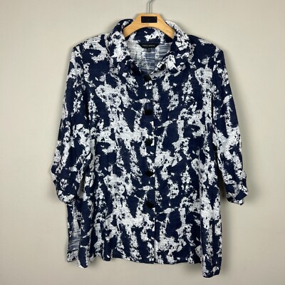 Ming Wang Tunic Top Womens 2X Navy White Printed Sheer Button Up Relaxed Cotton
