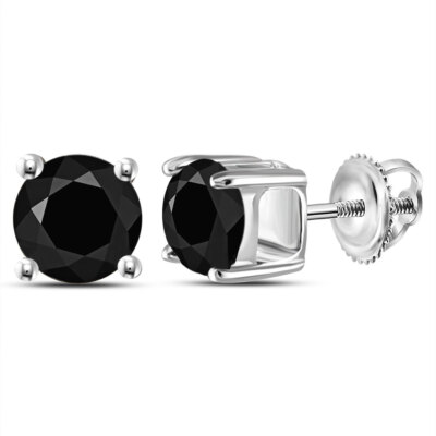 L U DIAMONDS 14K White Black Diamond Solitaire Stunning Stud Earrings