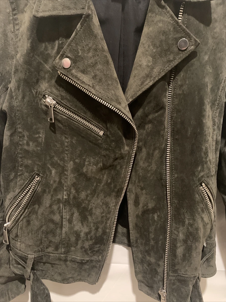 H M Green Suede Leather Zip Up Jacket Moto Coat Women s Size 4 eBay