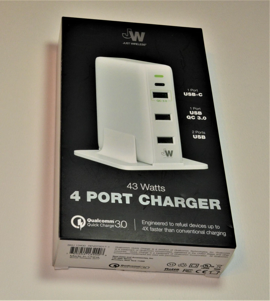 New Just Wireless 43 Watts 4 Port charger with USB C and QC ports w stand