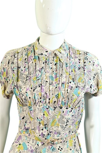 Vintage 40s Rayon Novelty Print Dress, Rockabilly Dress XS/S - Picture 3 of 16