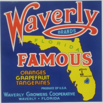 Waverly Growers FRUIT LABEL Florida Map Oranges Grapefruit Tangerines Bok Tower