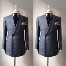 Gray Men's Suits Double Breasted Wide Peak Lapel Tuxedos Wedding Groom Blazer