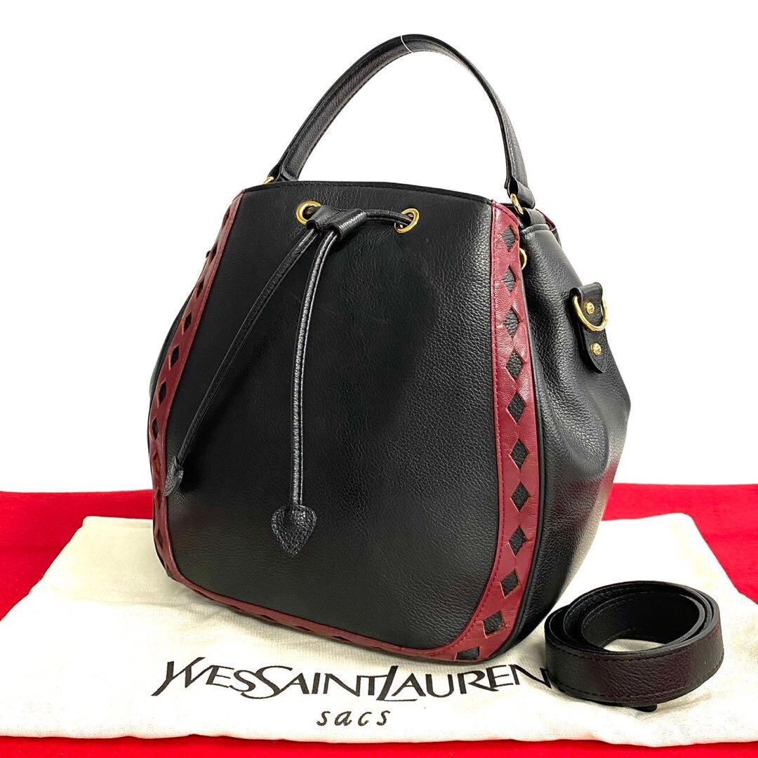 Borsa a tracolla Yves Saint Laurent 2 vie taglio diamante nero bordeaux in pelle vintage