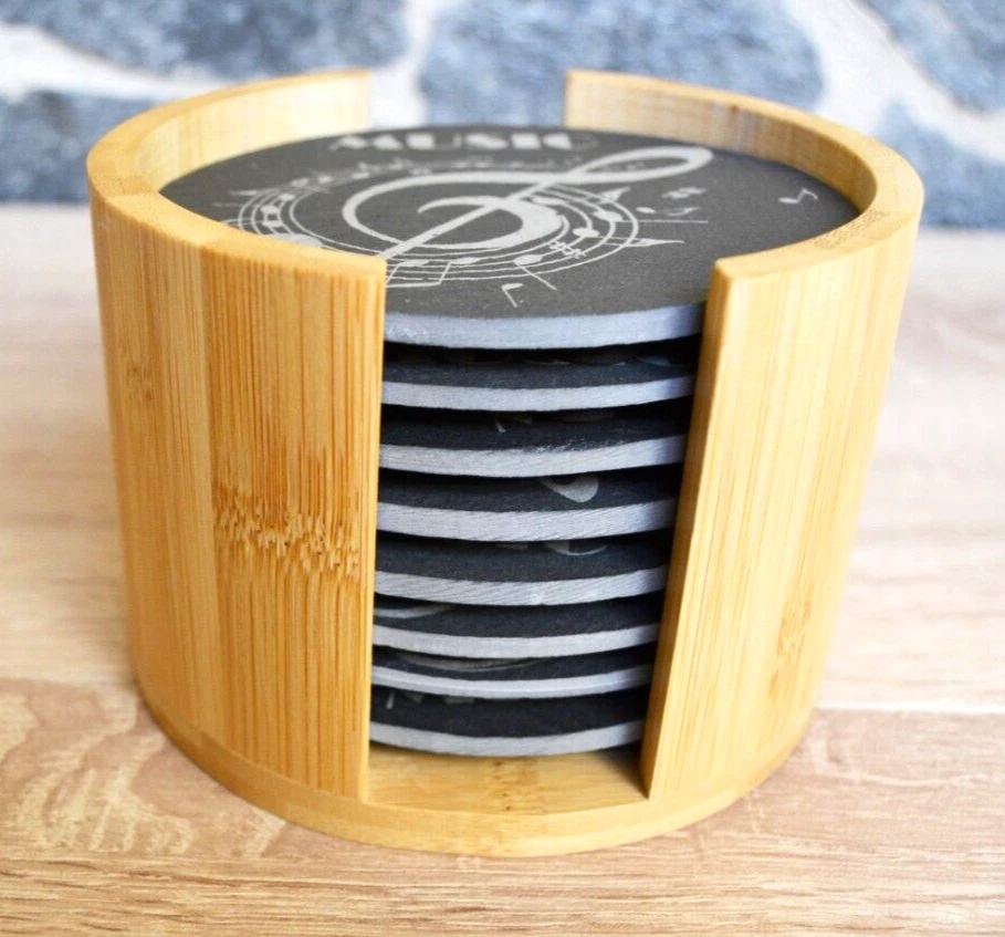 Juego de 8 posavasos redondos de Pizarra colección Música con grabado laser. - Imagen 3 de 4