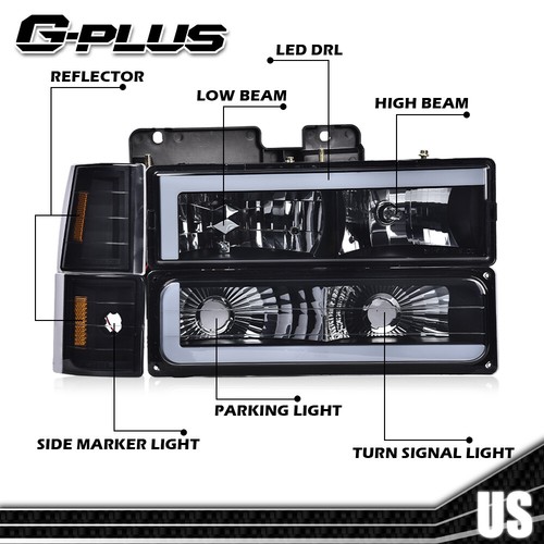 Fit For 94-00 Chevy GMC C/K 1500 2500 3500 LED DRL Smoke Lens Black Headlights - Bild 3 von 9