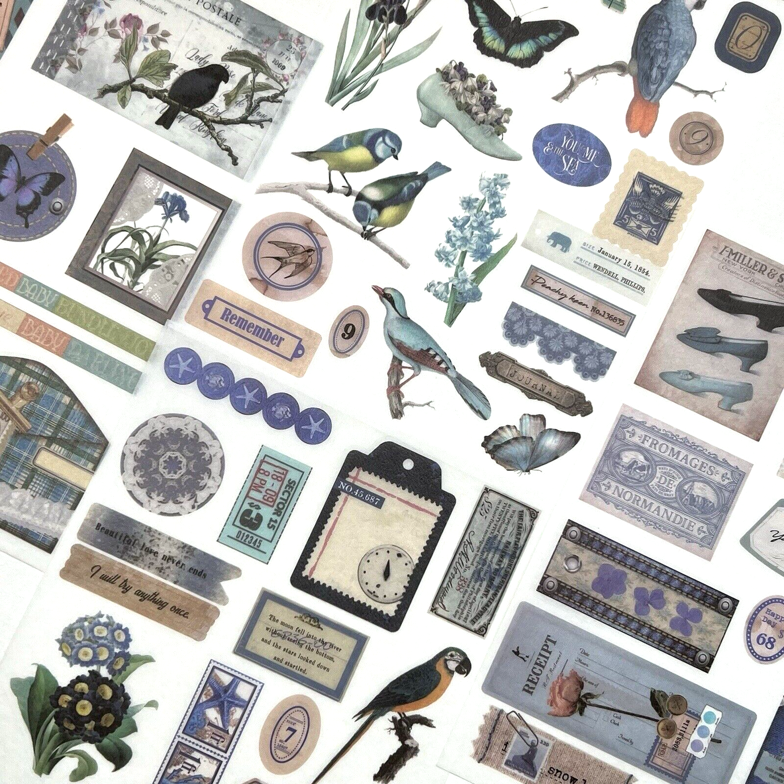 Vintage Style Blue Garden Washi Paper Stickers 4 Sheets Junk Journal Collage