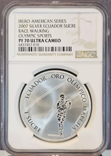 2007 ECUADOR SILVER 1 SUCRE RACE WALKING NGC PF 70 ULTRA CAMEO SCARCE PERFECTION