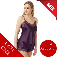 Purple Sexy Silky Shiny Satin Lace Cami Top & French Knickers Set PJs Size 32