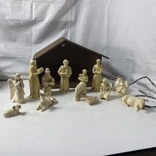 Nativity Set White And Brown 13 Pieces With Lighted Manger 
