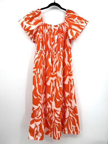 NAOO Womens Large Orange White Abstract Print Off Shoulder Midi Dress Resortwear - Afbeelding 2 van 9