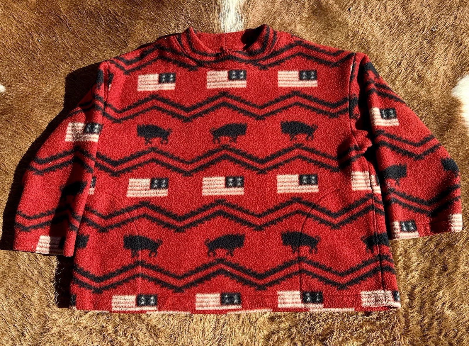 Vintage Handcrafted Thick Soft Sweater Buffalo Flag Animal Pockets XL Western