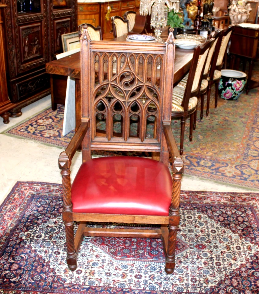 Conjunto de 3 cadeiras/cadeiras de escritório francesas antigas de carvalho gótico e 2 cadeiras - Imagem 4 de 4