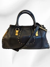 Authentic Chloe Hailey 2-Way Leather Handbag Shoulder Bag Black Gold Hardware