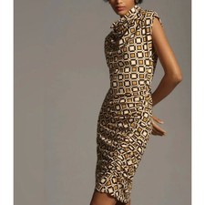 Anthropologie Maya Ruched Cowl-Neck Dress Printed Large Yellow Black Ruched