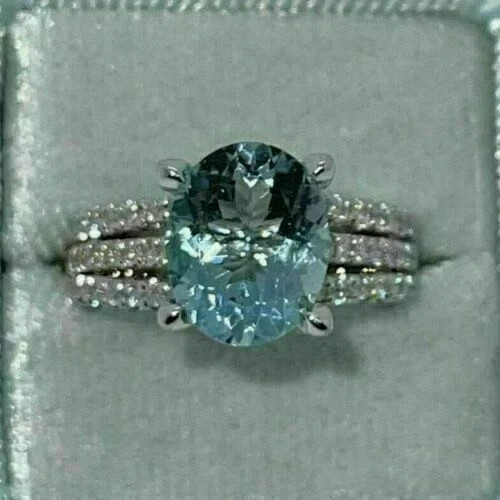 2.55 Ct Oval Cut Natural Aquamarine Engagement Ring 14K Solid White Gold