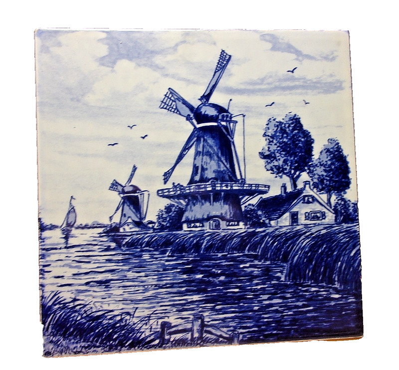 Delft Blauw Porcelain Ceramic Blue Dutch Landscape w/2 Windmills  & House 6x6