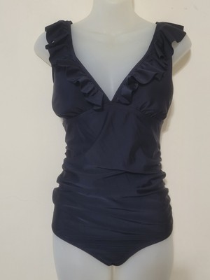 Summer Mae One Piece Swimsuit Large Black Ruffled Tummy Control Swimwear NWOT