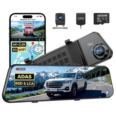 AZDOME 12'' 2CH 4K+2.5K Rearview Mirror Dash Cam 5GWiFi GPS ADAS BSD LCA+64GB TF