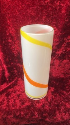 Murano Stil Glas Zylinder Vase weiß opak gelb orange Wirbel #428