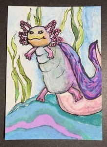 ACEO Original, axolotl, smile, bright colors, acrylic, painting  Patty Ewing