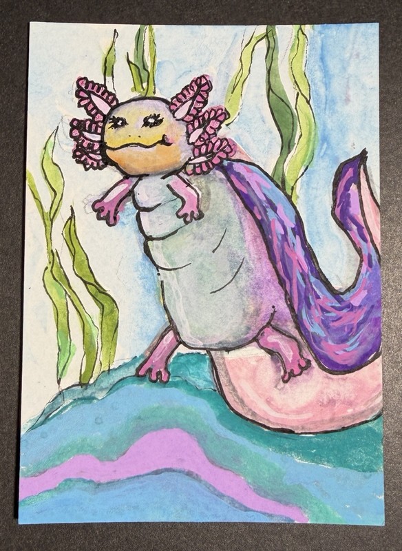 ACEO Original, axolotl, smile, bright colors, acrylic, painting  Patty Ewing
