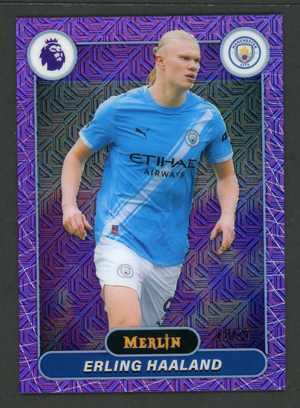 2026 Topps Merlin Premier League Erling Haaland Purple Mojo Refractor #/75