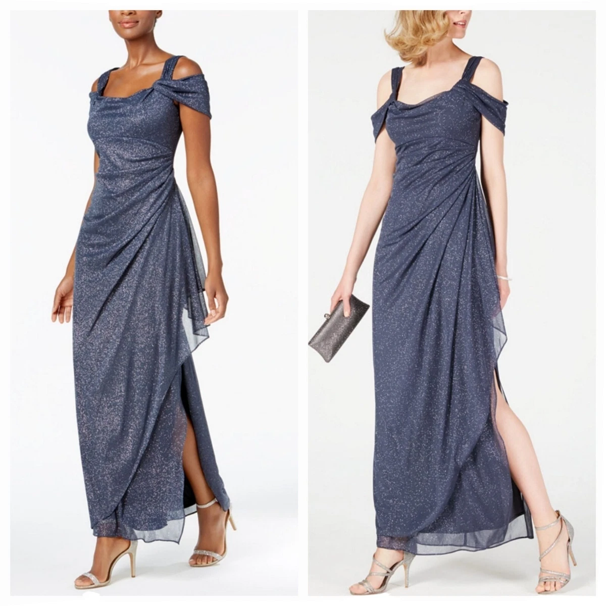 Alex Evenings Cold Shoulder Metallic Glitter Draped Prom Gala Formal Dress Gown