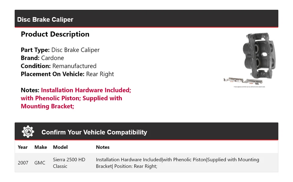 For 2007 GMC Sierra 2500 HD Classic Disc Brake Caliper Rear Right Cardone - Image 2 of 4
