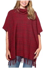 Denim & Co. Plaid Jacquard Cowl Neck Poncho with Fringe Hem Wine