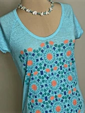 Womens Linen T Shirt JCP Teal Blue Sequin Flower Geometric SS Knit Top Sz S 