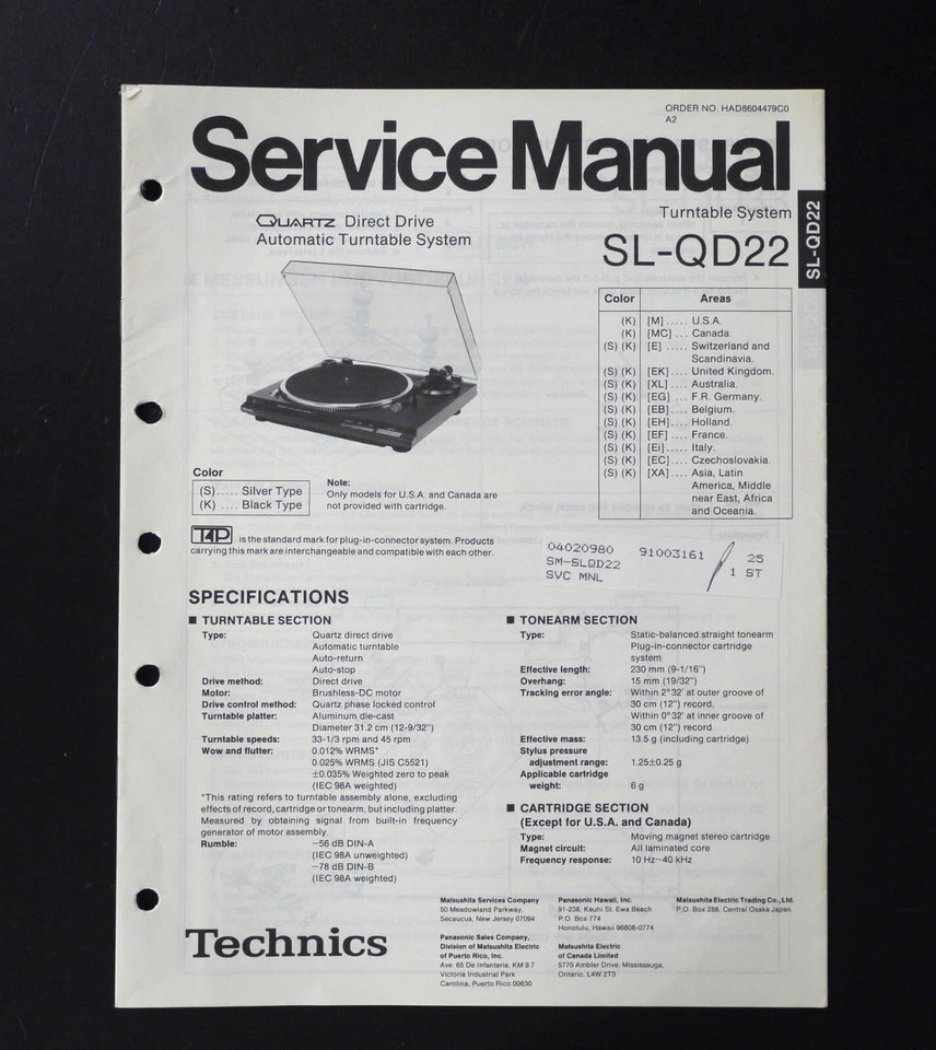 Original TECHNICS SL-QD22 Turntable Service Manual / Service Anleitung S11 - Bild 1 von 1