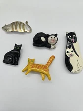  Silver And Brass Wood And Ceramic Vintage Glossy Colorful Vintage Cat Pins