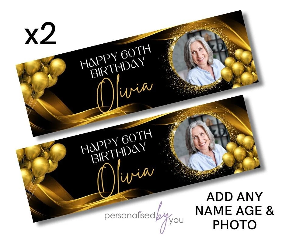 MADVINL 2x Personalised Photo Birthday Banners Gold Black Large 16th 18th 21st 30th 40th