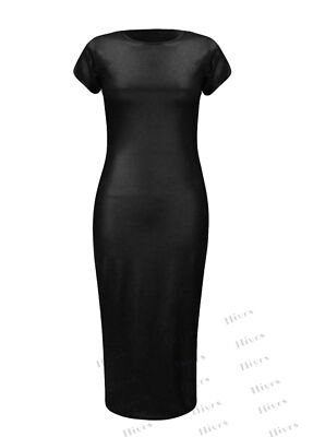 Womens Wet Look Midi Dress Short Sleve Stretch Crew Neck Bodycon Cap Sleeve  8-20 | eBay