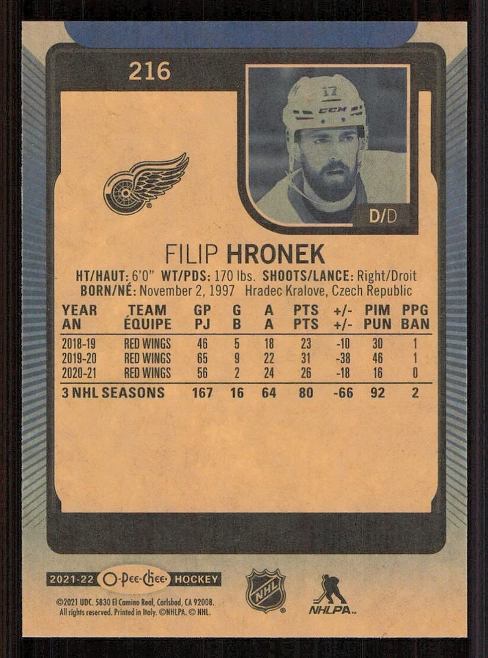 2021-22 O-Pee-Chee Blue #216 Filip Hronek - Image 2 of 2