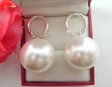 20MM White Round Sea Shell Pearl  Silver Hoop Earrings free shipping