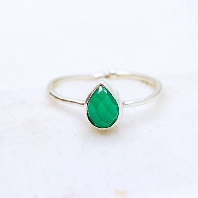 Pear Cut Green Onyx Solitaire Ring, 925 Silver Back Open Adjustable Cuff Ring