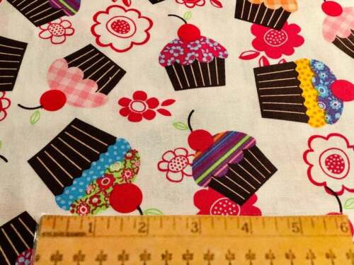 FQ Cupcake Cherry Flower Cotton Fabric Fat Quarter, 18”x 21” Colorful - Afbeelding 1 van 4