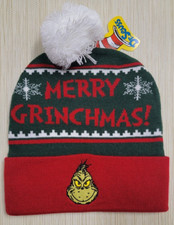 MENS DR SEUSS THE GRINCH CHRISTMAS POM POM GREEN/RED BEANIE HAT ONE SIZE