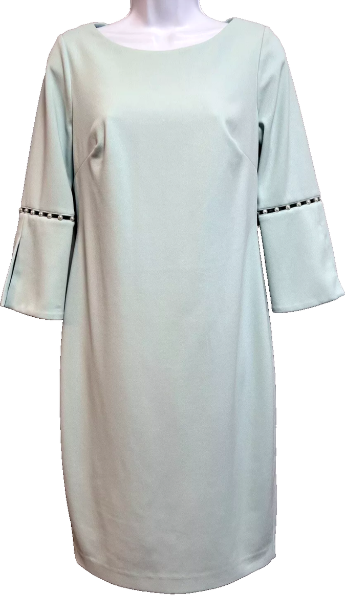 Calvin Klein Sheath Dress 3/4 Sleeve Pearl Accent Mint Green SZ 6 Wedding Guest