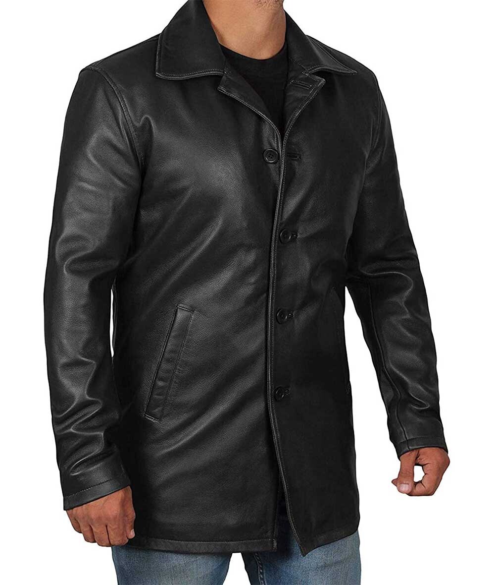 Men`s Premium Long Coat Button Closer Black Real Sheep Leather Jacket Sheep Skin image 5