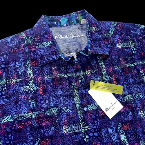 Robert Graham Geometric Paisley Patchwork Floral Purple Blue Sport Shirt 2XL - Picture 7 of 13