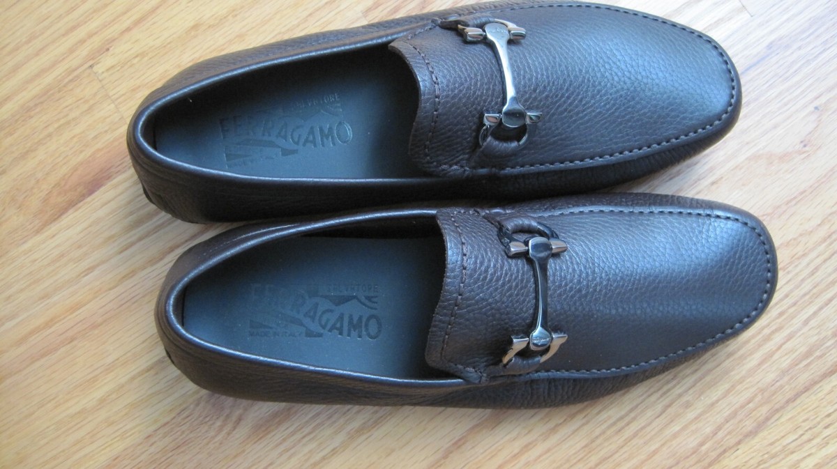 FERRAGAMO 768074020350COCOABROWNNEWBISCOTTO 関税送料込 NEW IN BOX FERRAGAMO CANCUN Brown Calf Pebbled Leather Men