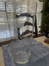 Tall Clear Glass Vase White Etched Floral Flower Design, Floral Garden Theme