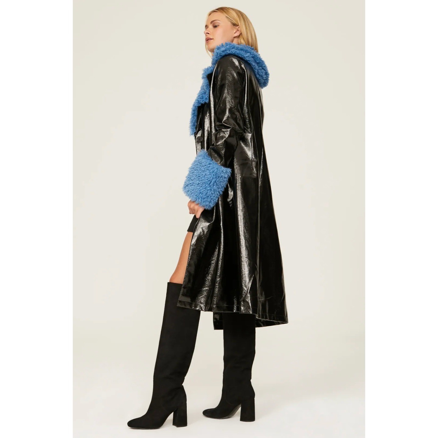 Love Whit Whitney Port Sherpa Collar Coat Black Faux Leather Blue Fur Trim Sz M