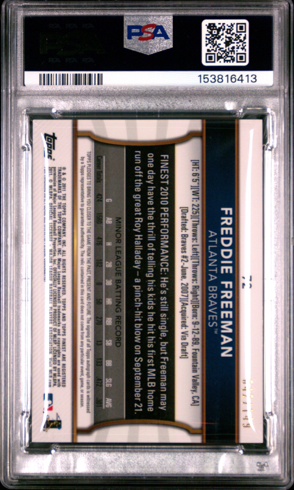 2011 Finest Freddie Freeman Rookie Auto #/149 Green Refractor PSA 9 view 2